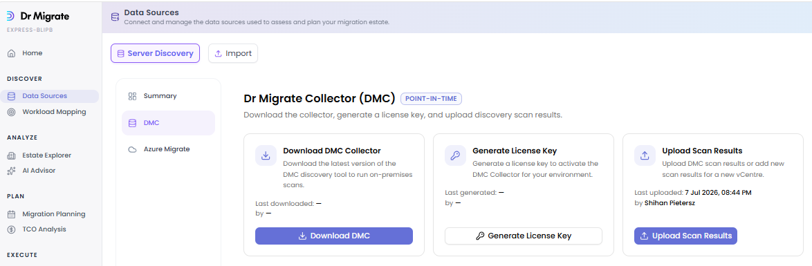 Dr Migrate UI showing the Data Sources screen with the download DMC button and license key.