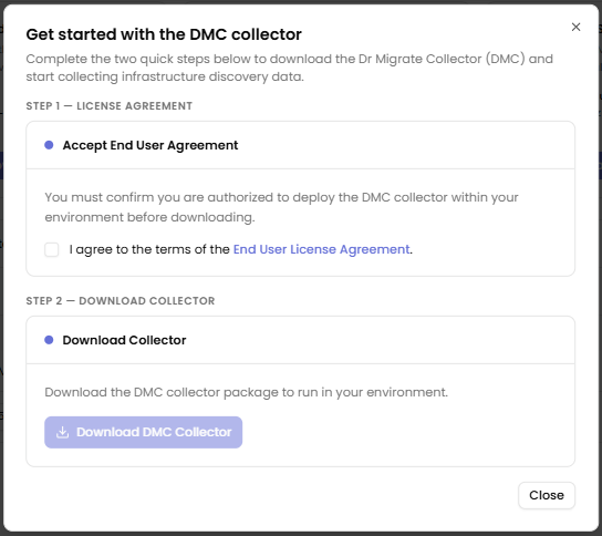 Dr Migrate UI showing the download DMC button and license key.