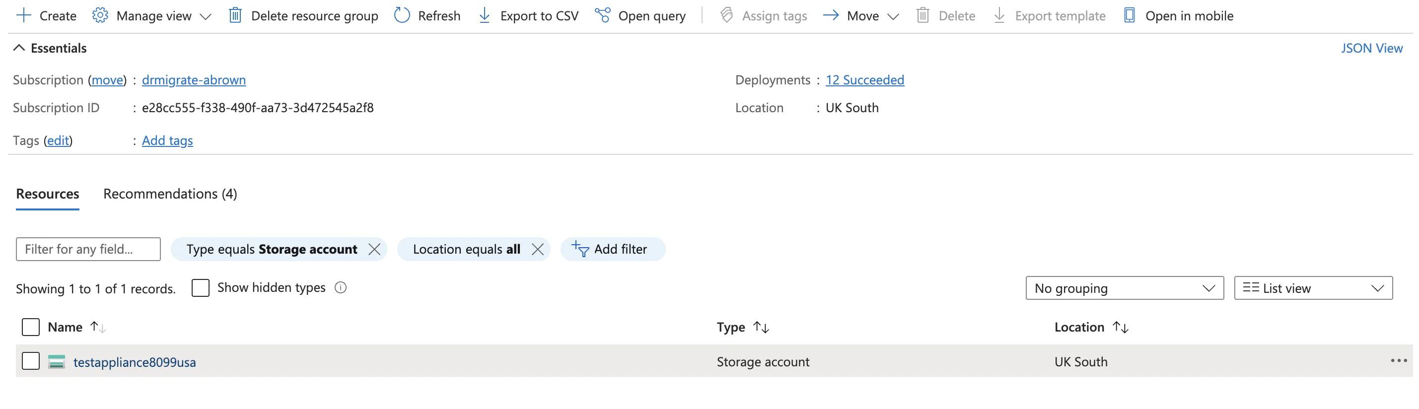 Locating the Azure Migrate storage account in the resource group