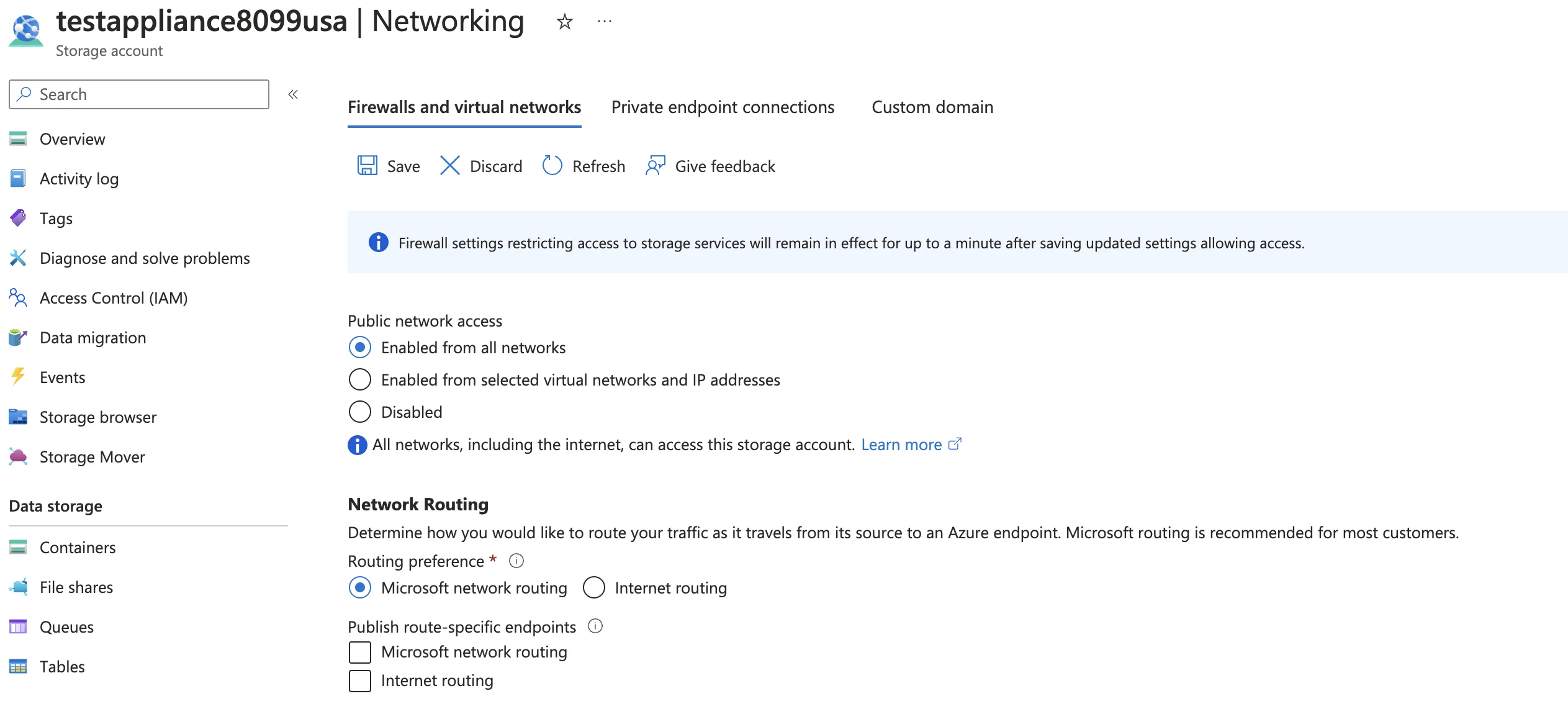 Azure portal network settings showing Public Network Access enabled from all networks