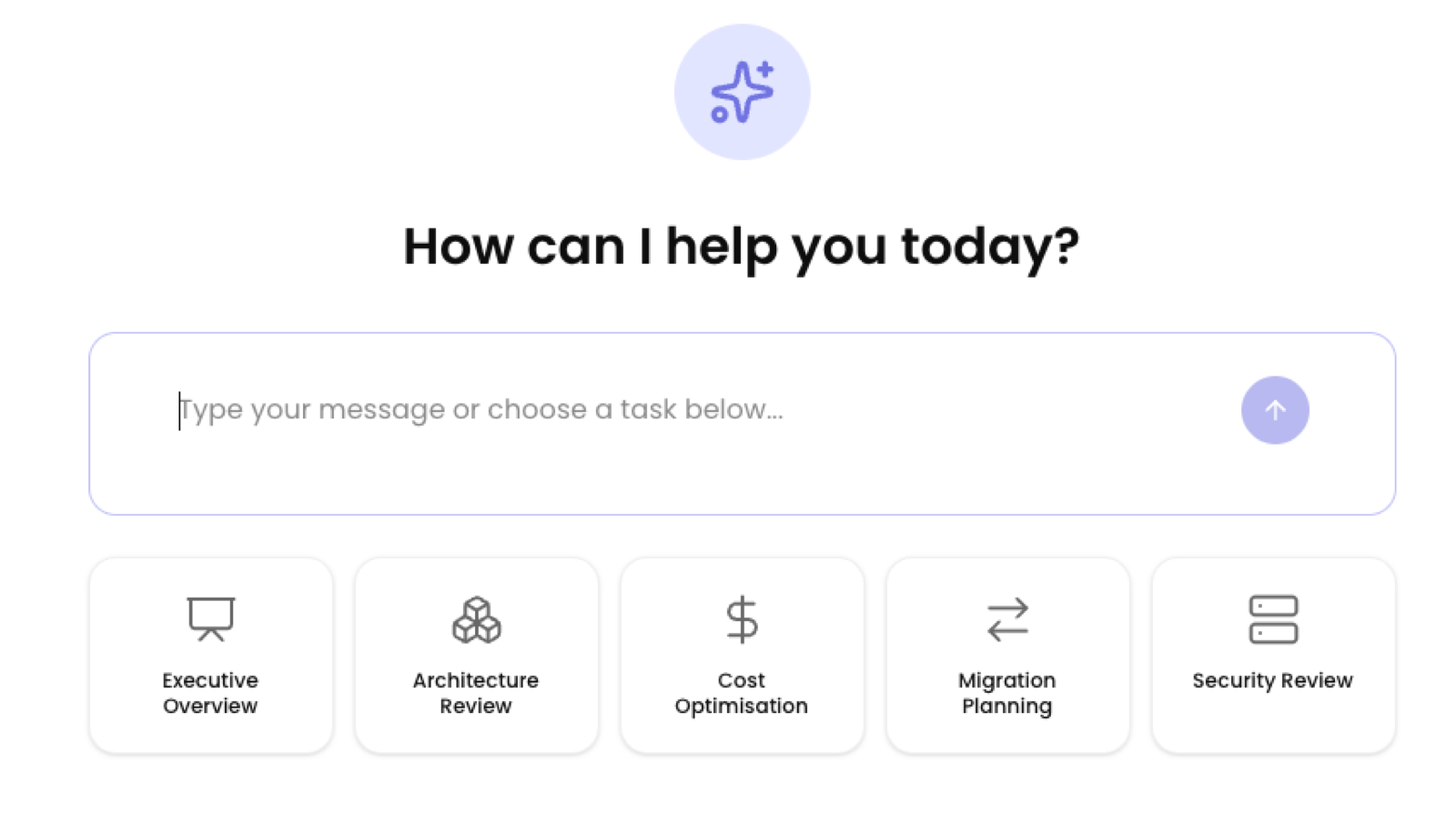 The AI Advisor chat showing 'How can I help you today?' with pre-set task chips for Executive Overview, Architecture Review, Cost Optimisation, Migration Planning and Security Review.